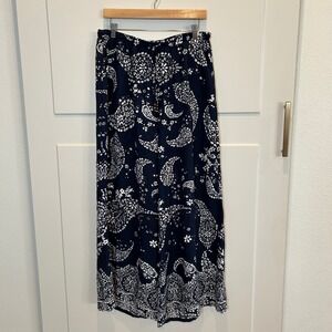 Rachel Zoe Navy White Paisley Wide Leg Palazzo Pants Women's Size L Rayon